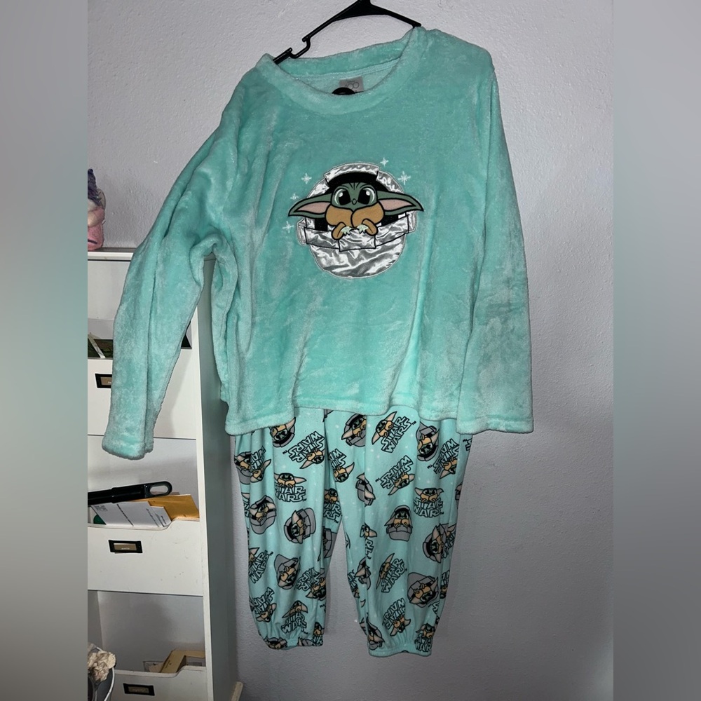 Disney’s Tiffany blue fleece Grogu pajama top and bottom set